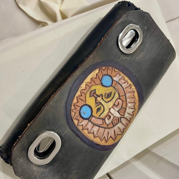 BOHEMIAN CLUTCH HANDMADE LEATHER  AZTEC MASK CARVED AND HANDLE SUNFLOWER BAG - Picture 6 of 12